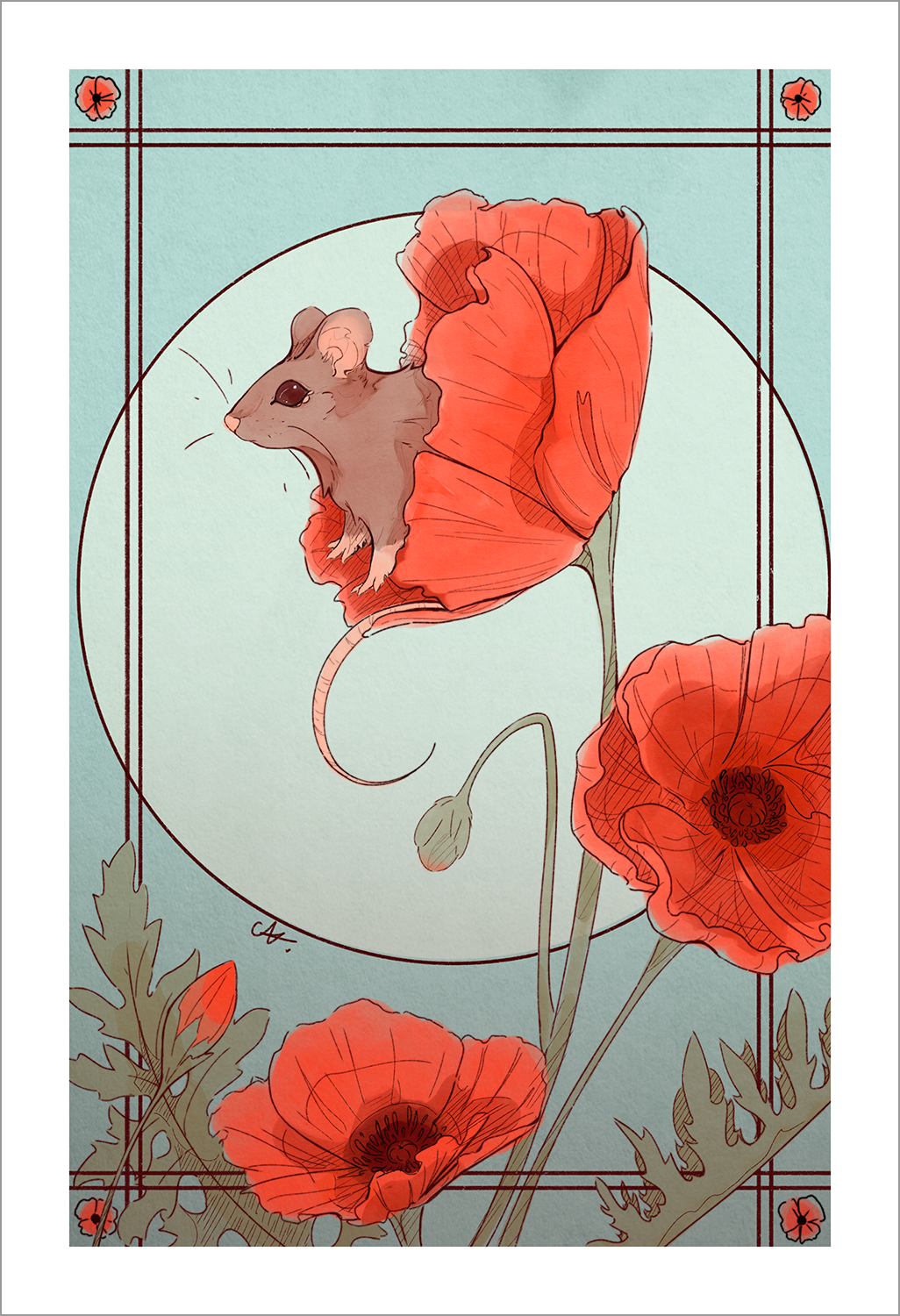 "Field Mouse in Poppy" on Watercolor Paper