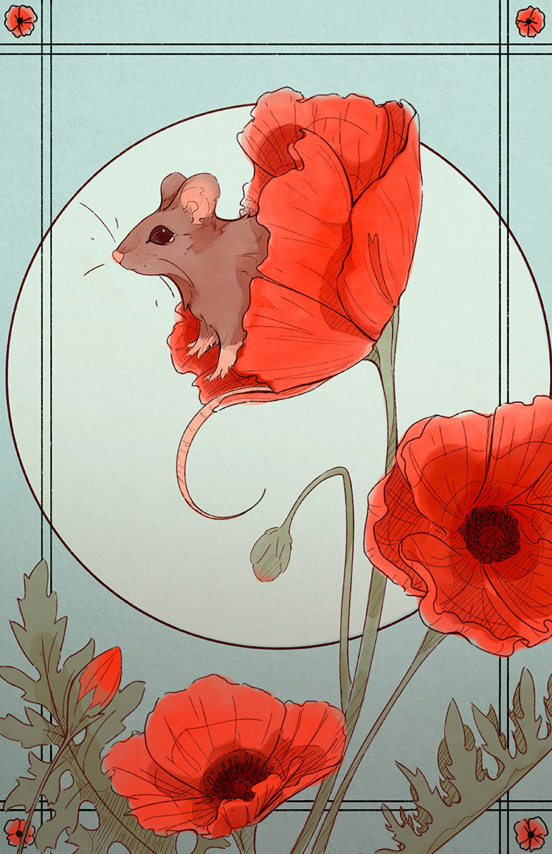 "Field Mouse in Poppy" - Satin Print