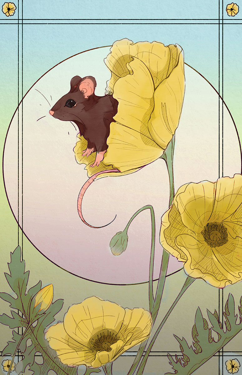 "Field Mouse in Poppy" - Satin Print