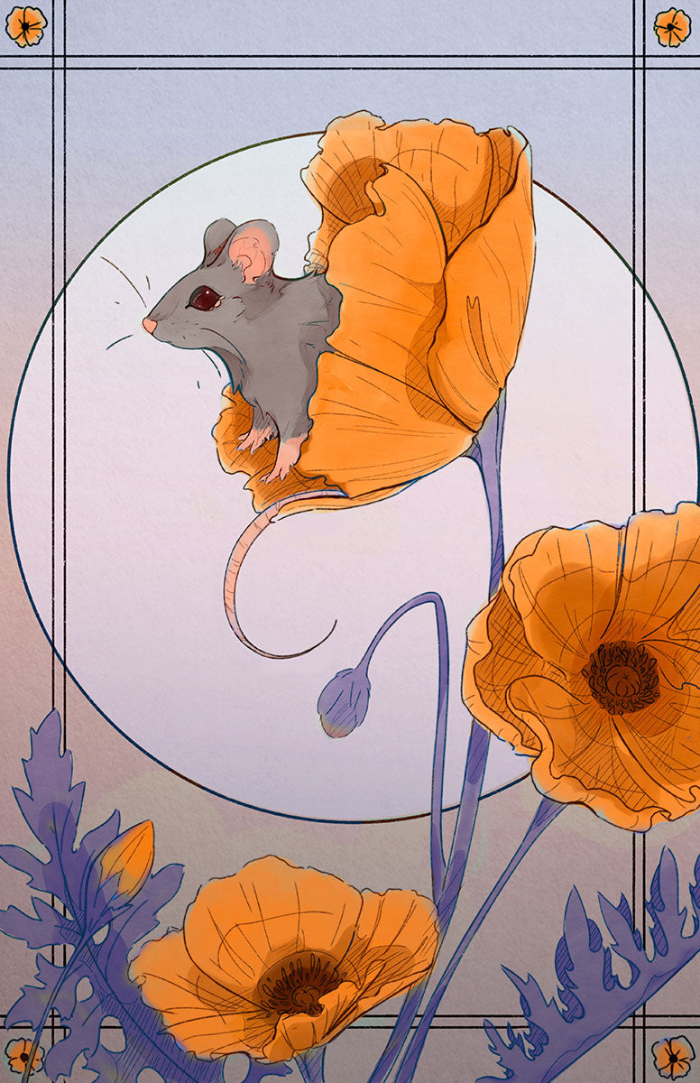 "Field Mouse in Poppy" - Satin Print