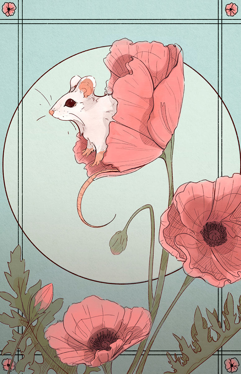 "Field Mouse in Poppy" - Satin Print